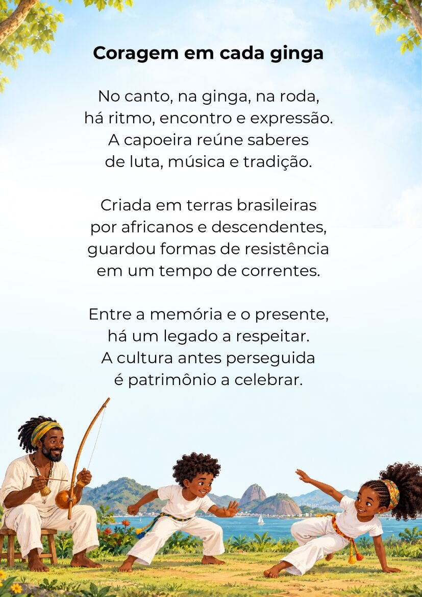 Poema Coragem em cada ginga, com duas crianças negras praticando capoeira e um homem tocando berimbau.